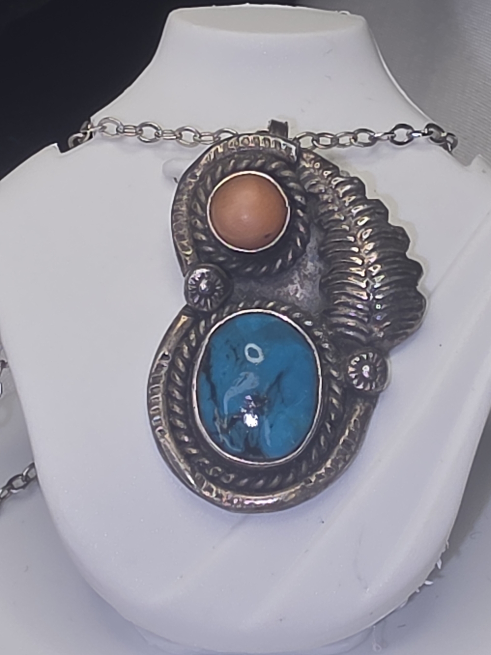 Navajo-Style Pendant Necklace with Turquoise and Coral Stones